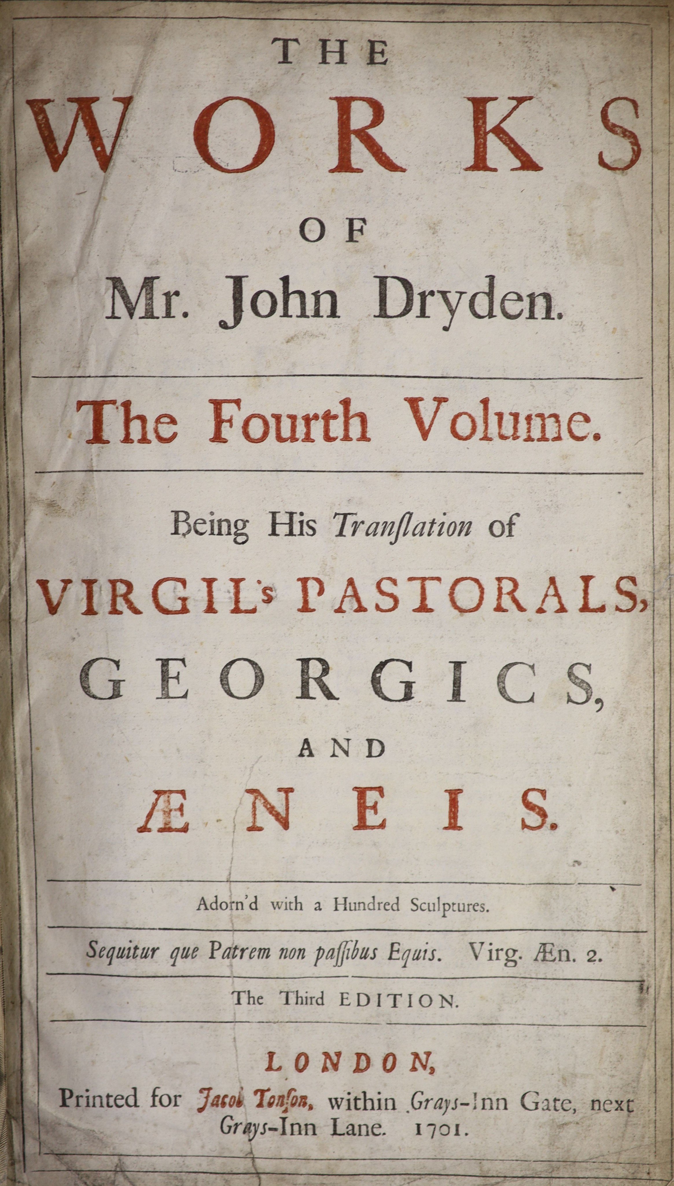 Dryden, John - The Works of Mr John Dryden. The Fourth Volume. Being his Translation of Virgils Pastorals, Georgics, and Aeneis ... 3rd edition. pictorial engraved & printed titles